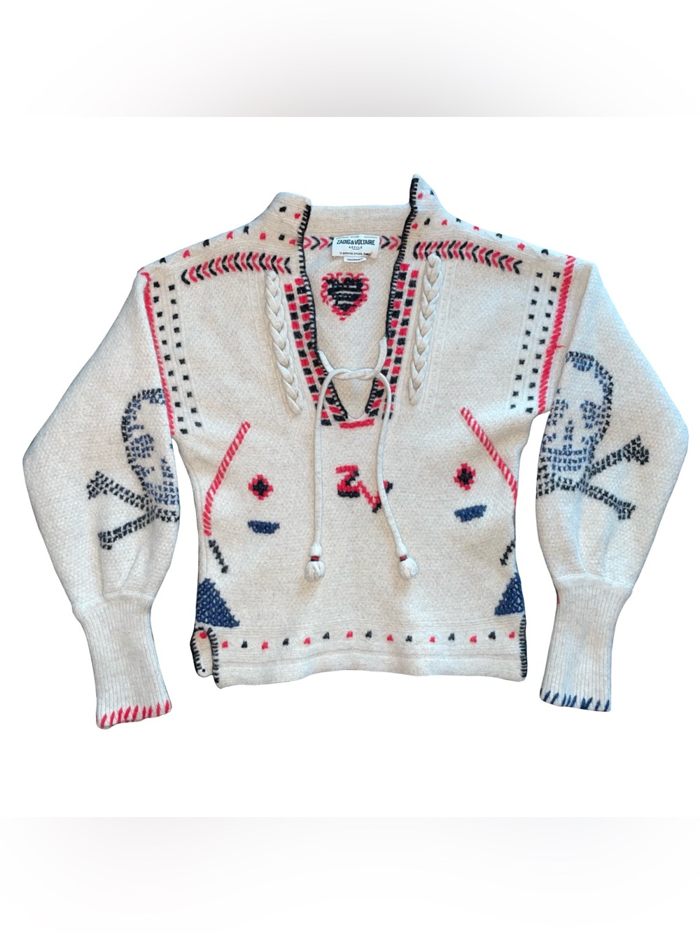Zadig & Voltaire Amanda Jumper Sz S Embroidered Cashmere Merino Wool Aztec Skull